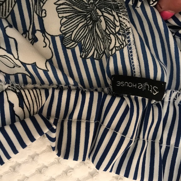 Blue and white striped floral off the shoulder top - Picture 3 of 5